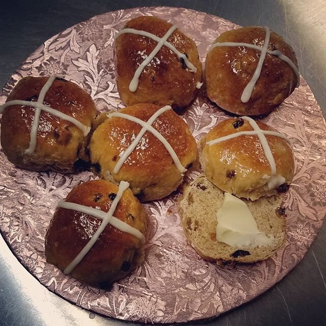 Easter is coming! Traditional Hot Cross Buns, enriched dough, a little sweet and fruity.  Order your today for delivery. $7.00 a half dozen.  Other breads and desserts available by order.