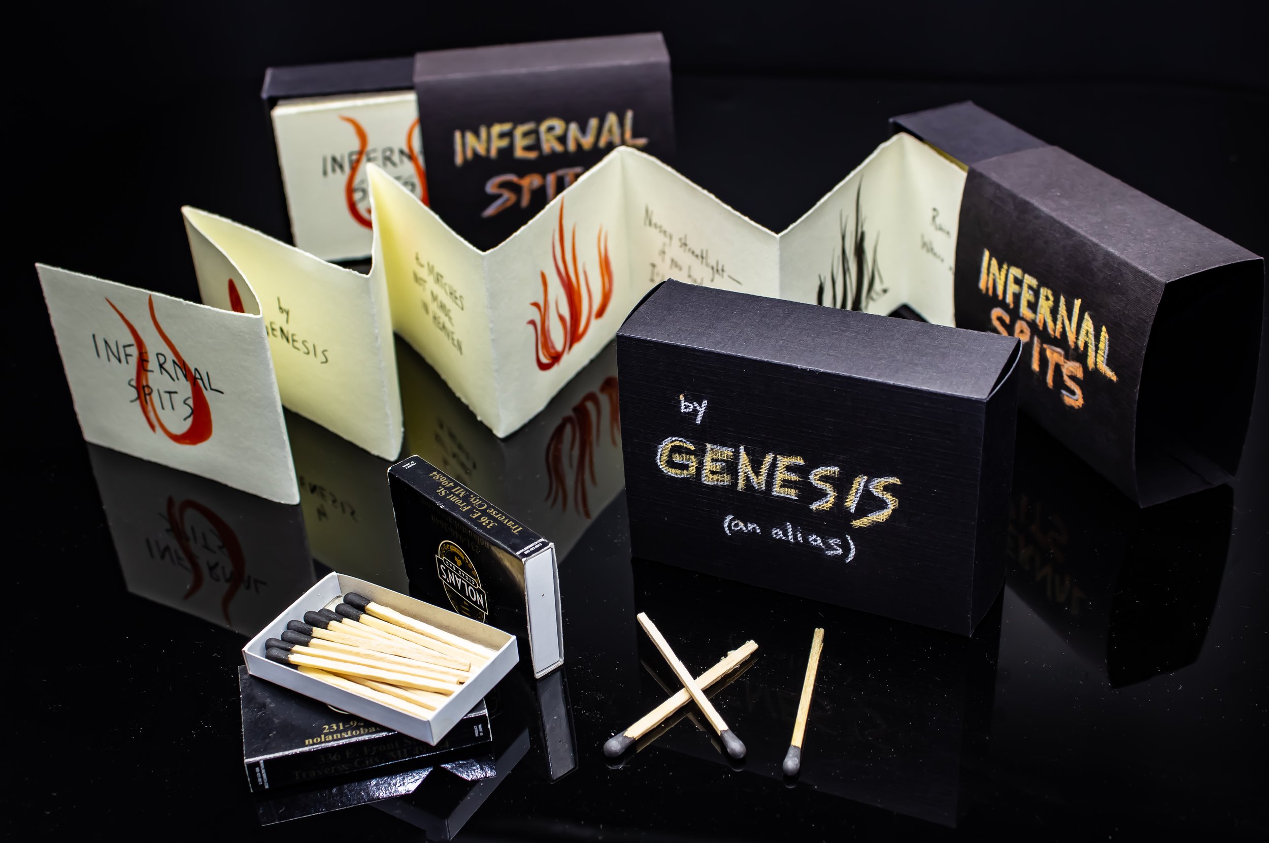   Infernal Spits . Limited edition run of 13 accordion books. Hand lettered &amp; constructed. May 2019.  