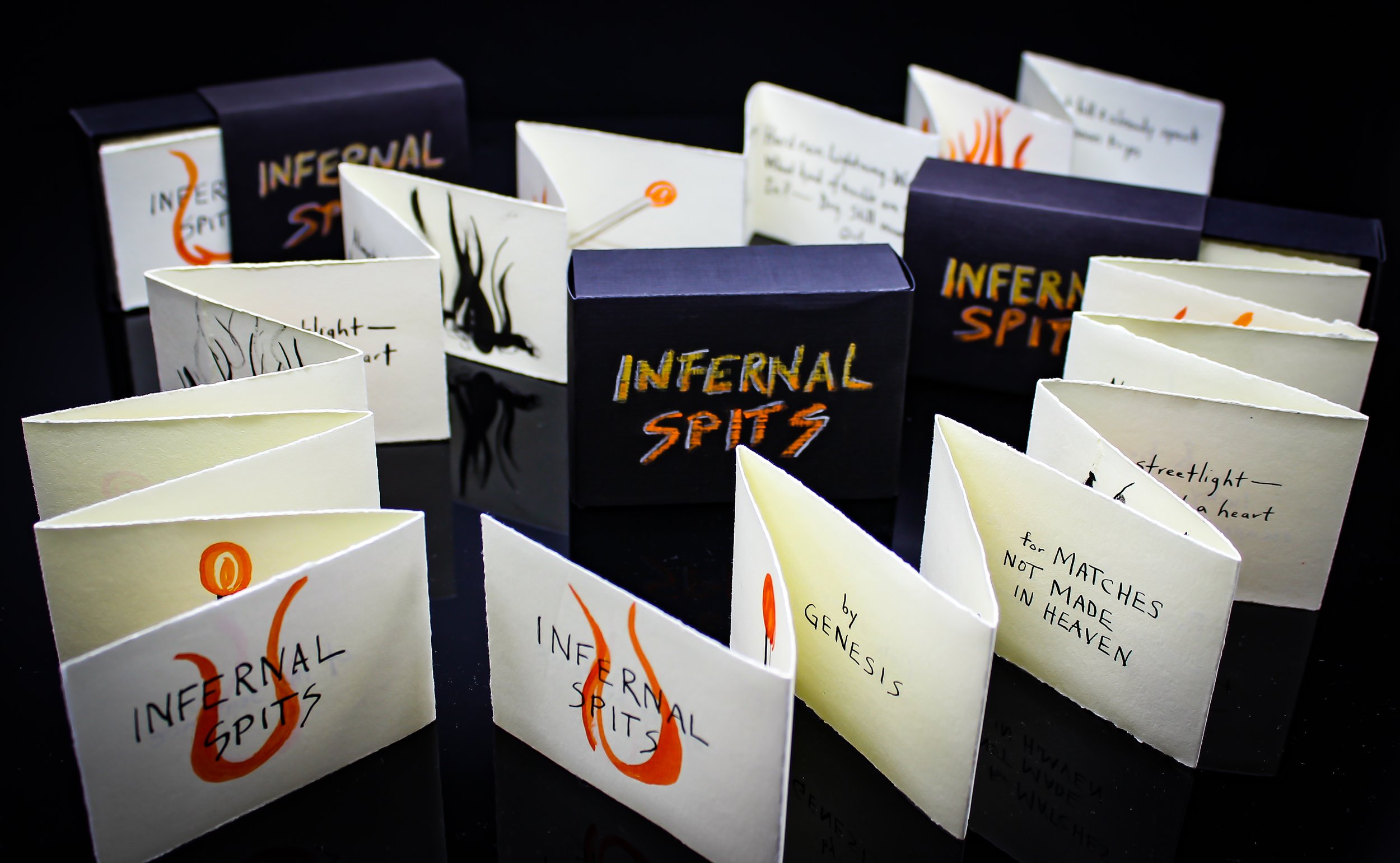   Infernal Spits . Limited edition run of 13 accordion books. Hand lettered &amp; constructed. May 2019.  