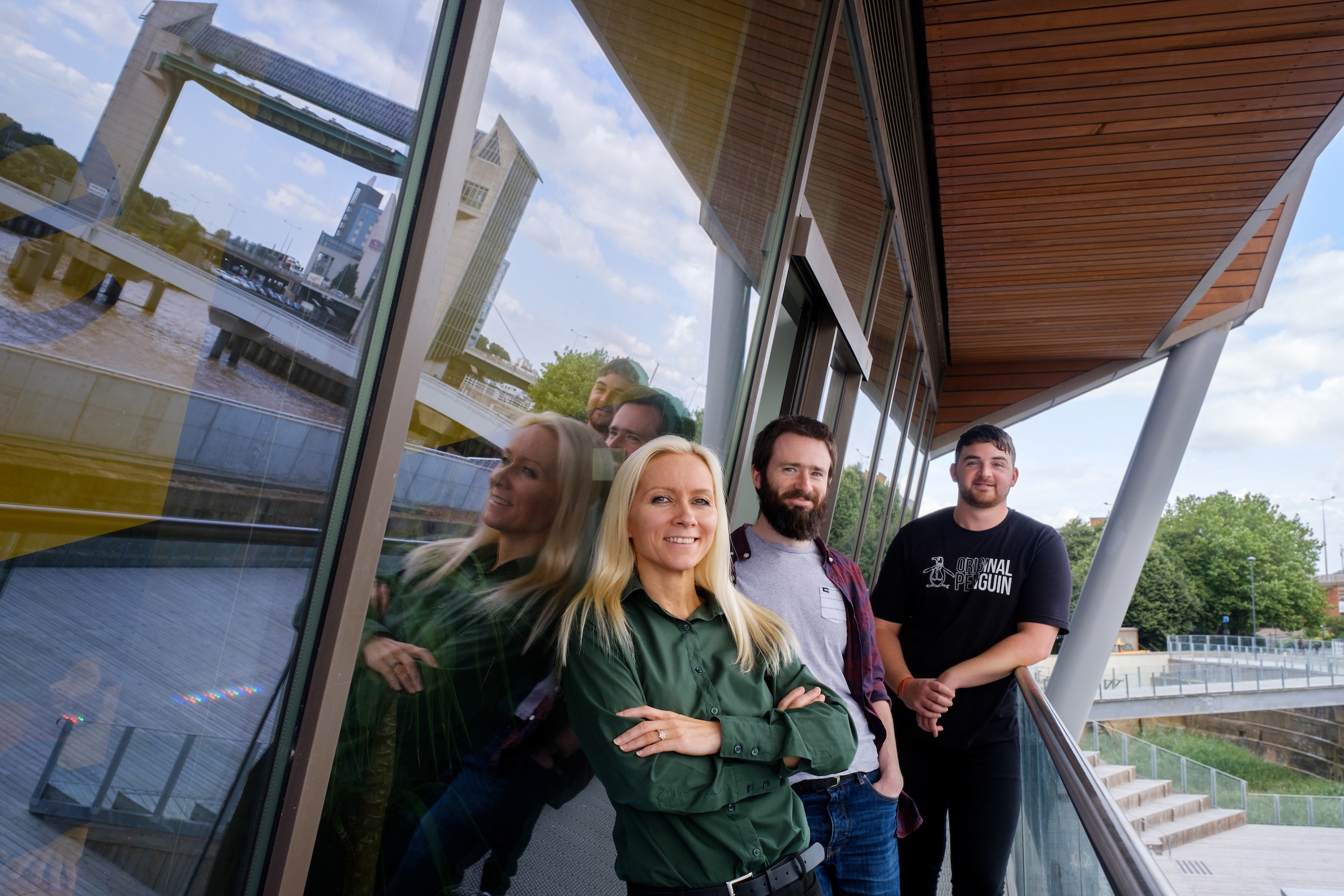 We owe so much to being part of the C4DI community. Pictured here, from left, are Director of Development Claire Clark, Lead Developer Aidan Treasure and Developer Danny Wilkinson on the C4DI balcony – the view’s great!
