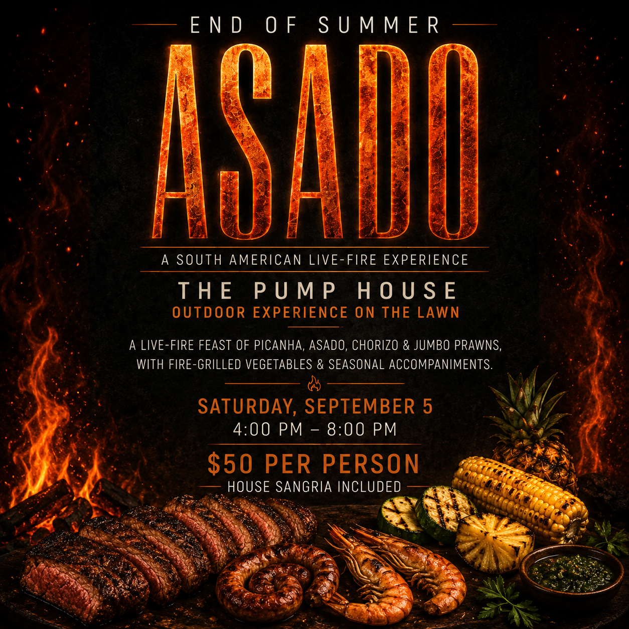 Square End of Summer Asado event graphic for The Pump House featuring live-fire grilled meats, prawns and vegetables with event details for September 5.