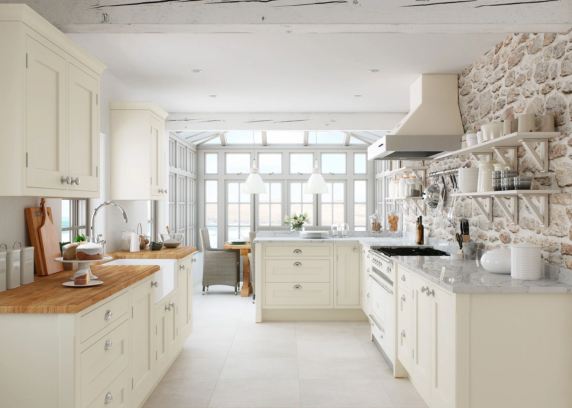  Here the attractive in-frame kitchen is featured with stainless steel knobs and cup handles in chrome and finished in our soothing and popular Cream.   