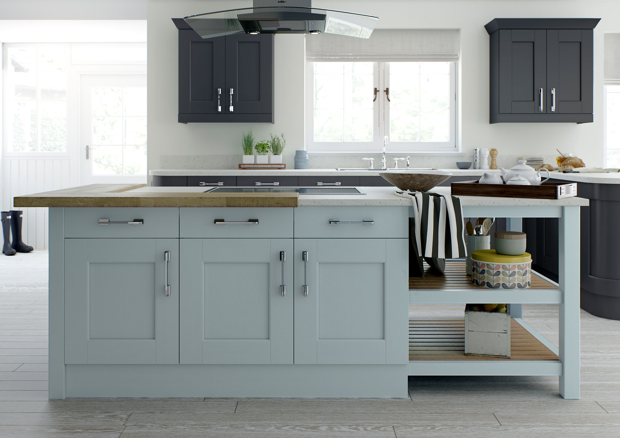 It’s available in the attractive Blue or Cream colour finish here and the perfect companion to wooden work surfaces and accessories.