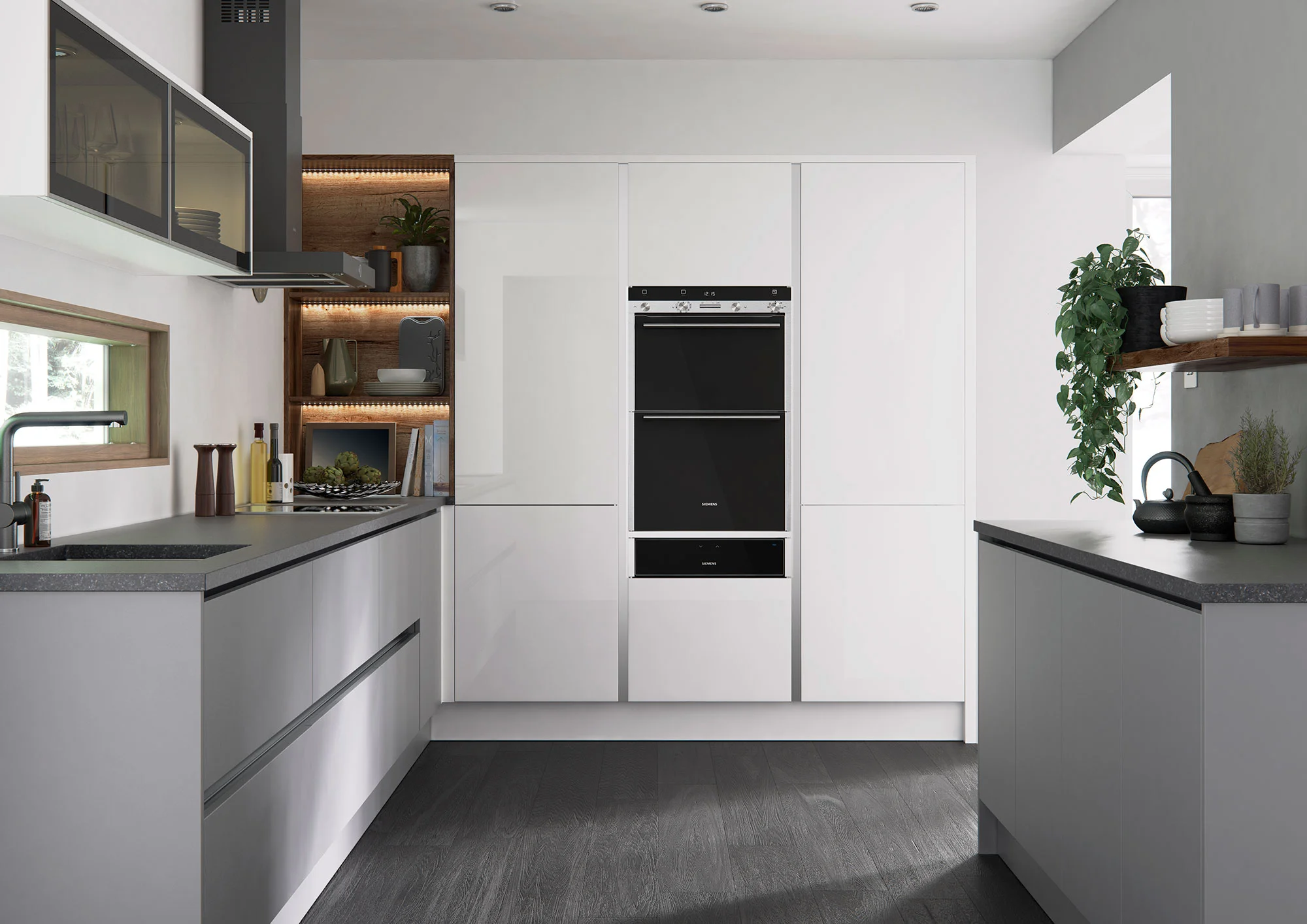  The Handleless range is available in a range of sophisticated, cool stock colours including Gloss White, Gloss Grey, Gloss Sahara, Matt White, Matt Grey and Matt Sahara.   