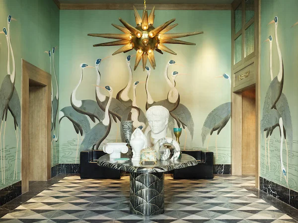 Edo Cranes in special colourway on blue grey dyed silk, de Gournay – price available on request. Interior design by Kelly Wearstler