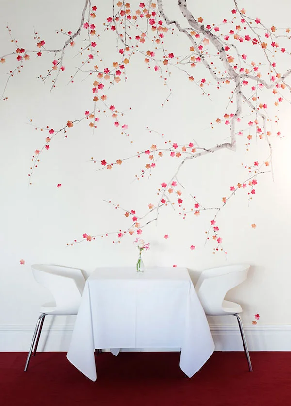 Plum Blossom in original design colours on bleached white dyed silk, de Gournay – price available on request