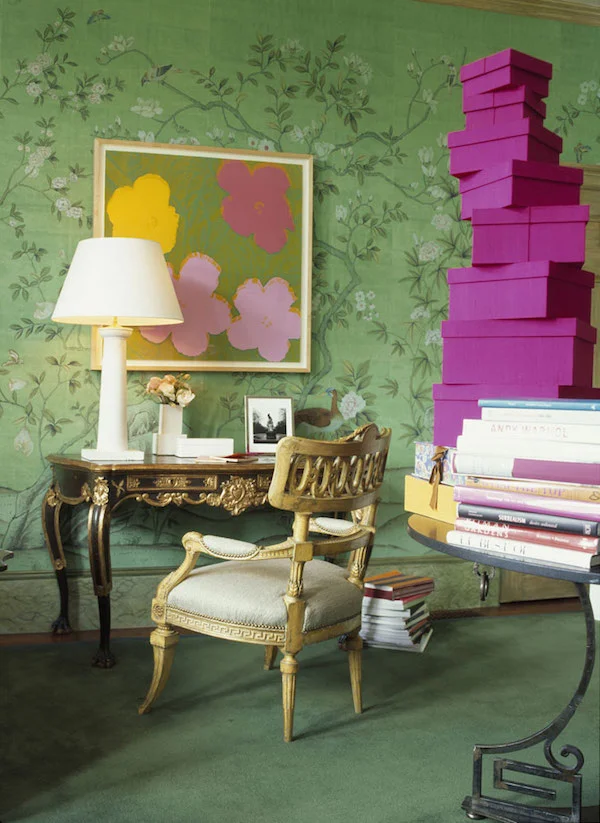 'Askew' design in full custom design colours on Emerald Green India tea paper, de Gournay – price available on request