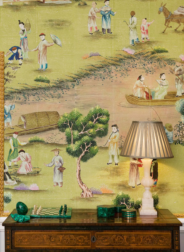‘Hampton Court’ on Vivid Olive India Tea Paper, de Gournay – price on request
