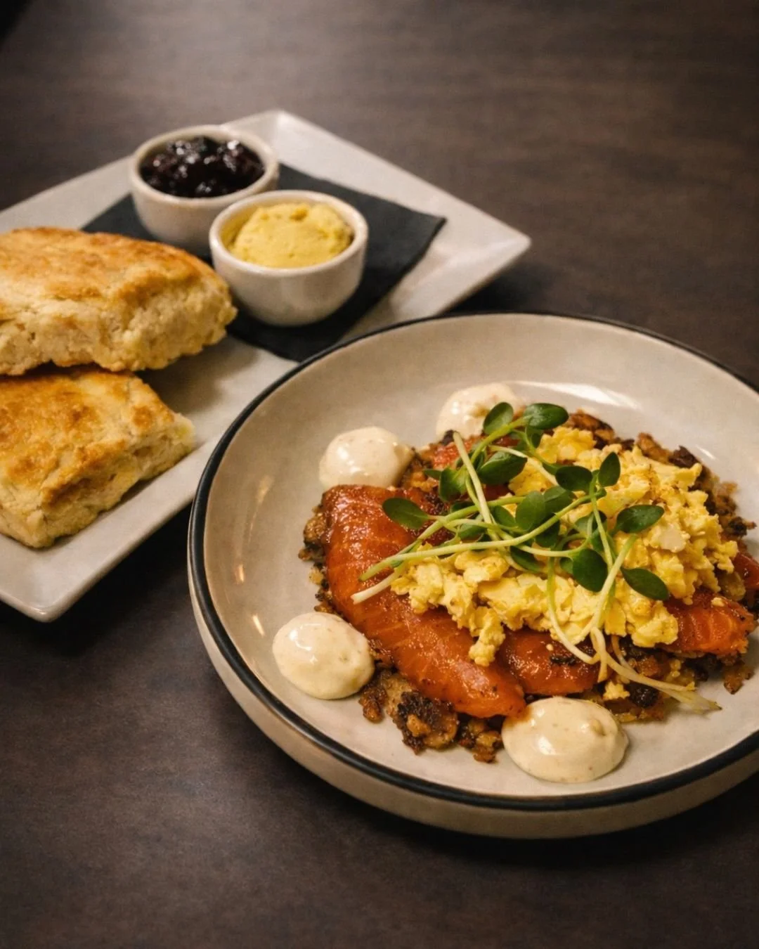 Brunch is back on March 1st ✨
Join us for our monthly brunch and start your week the right way &mdash; cured salmon over a potato pancake with soft scrambled eggs, fresh microgreens + buttermilk biscuits, blackberry jam, and butter.

Gather your frie