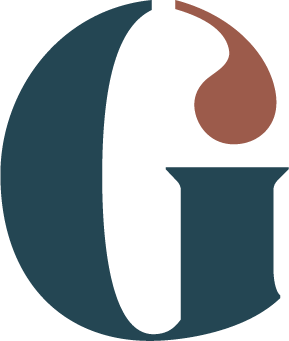 A stylized logo with a dark blue and brown color scheme, featuring a large letter 'G'.