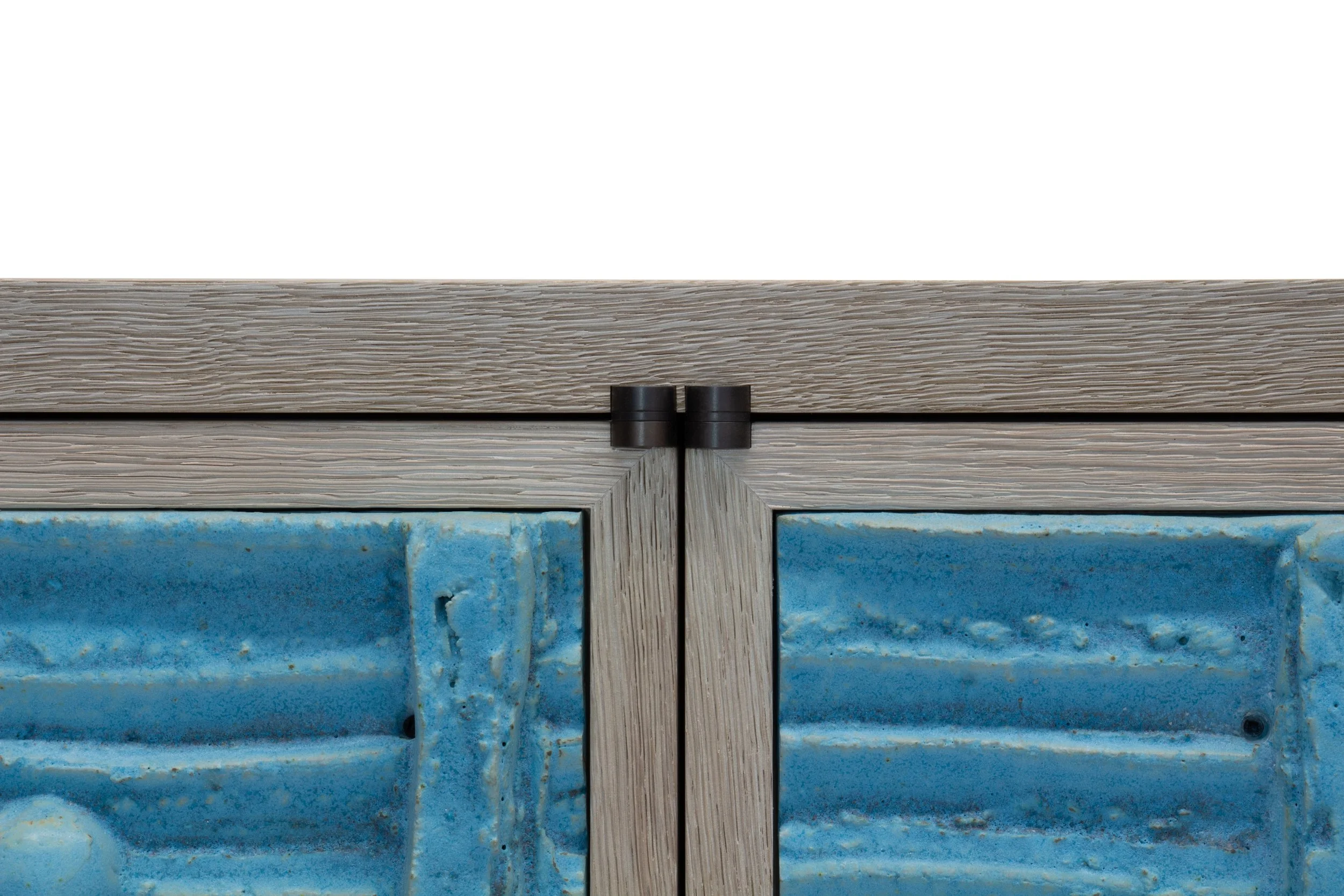 Peter Lane Clay TV Lift blue glaze and hardware detail