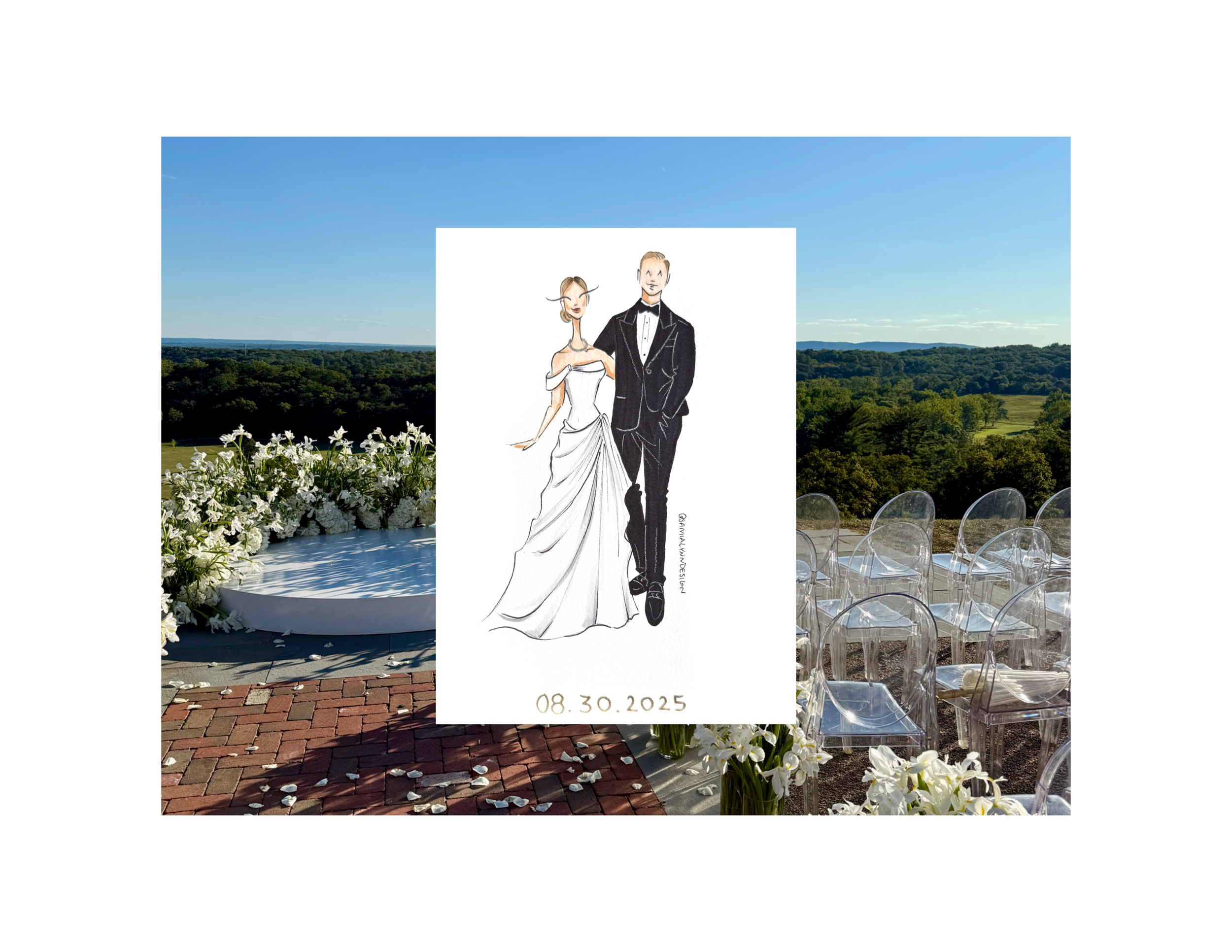 An illustration of a bride and groom at the Mansion at Pendry Natirar