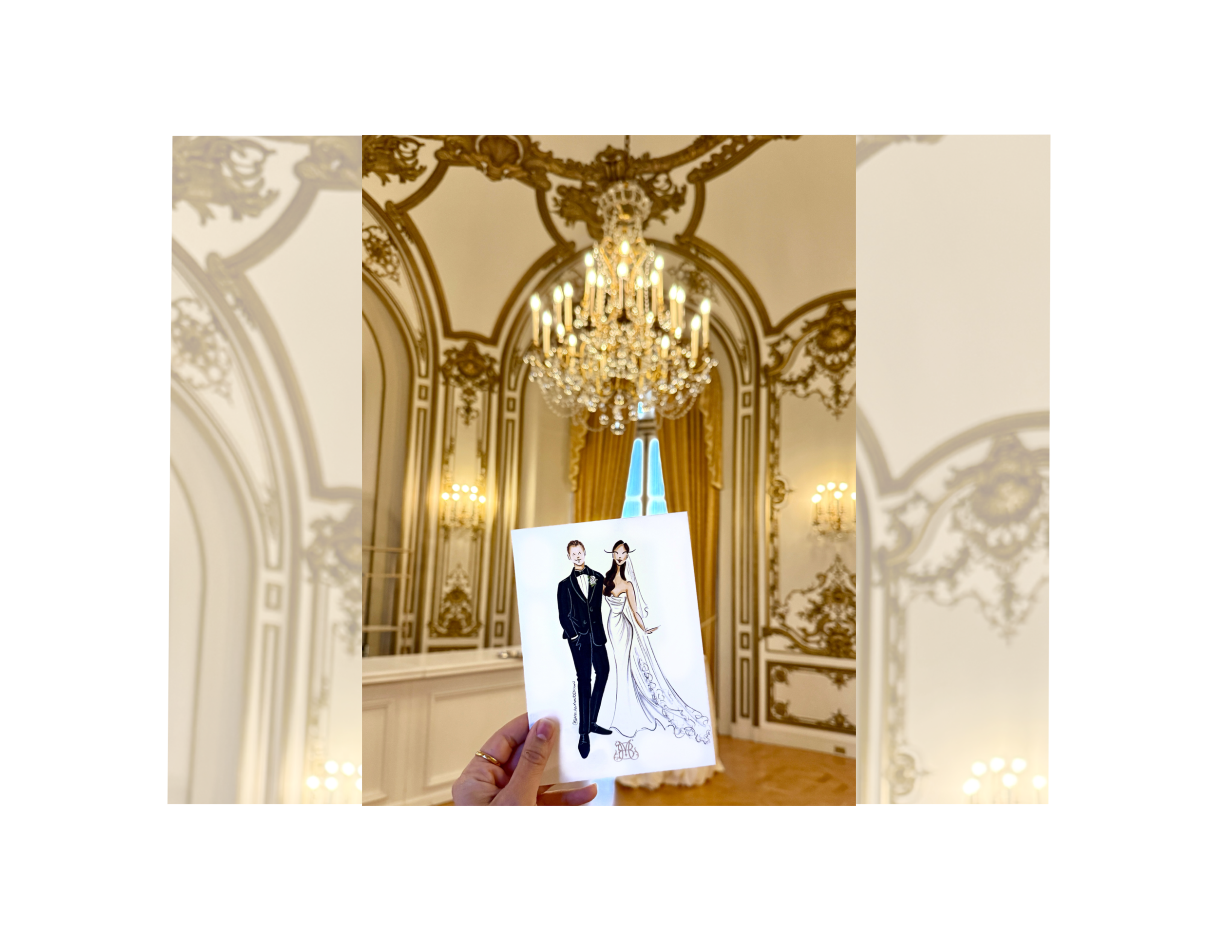 A hand holds a sketch of a bride and groom in front of the gilded chandeliers at the Perry Belmont House in Washington, D.C.