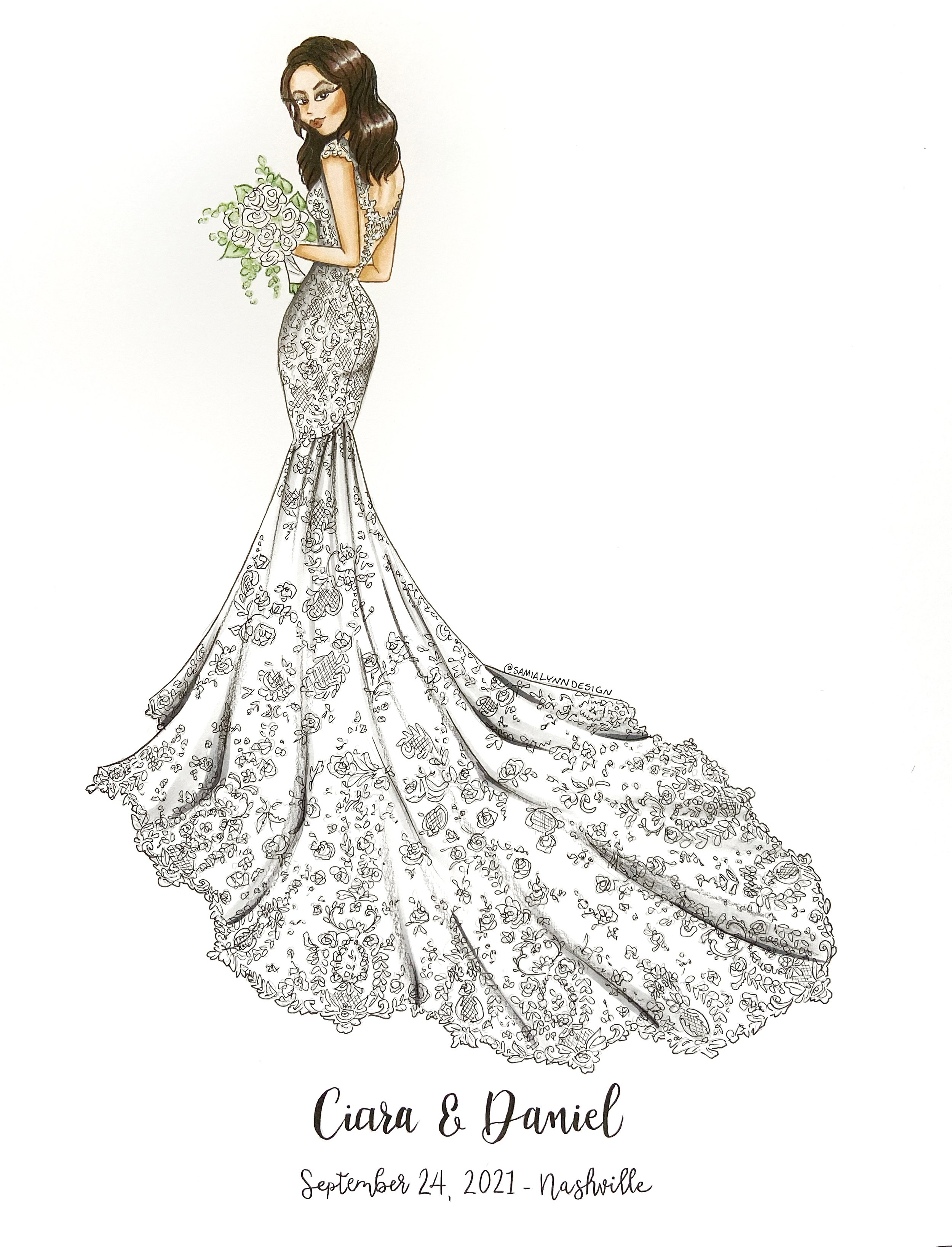 bride lace wedding dress illustration