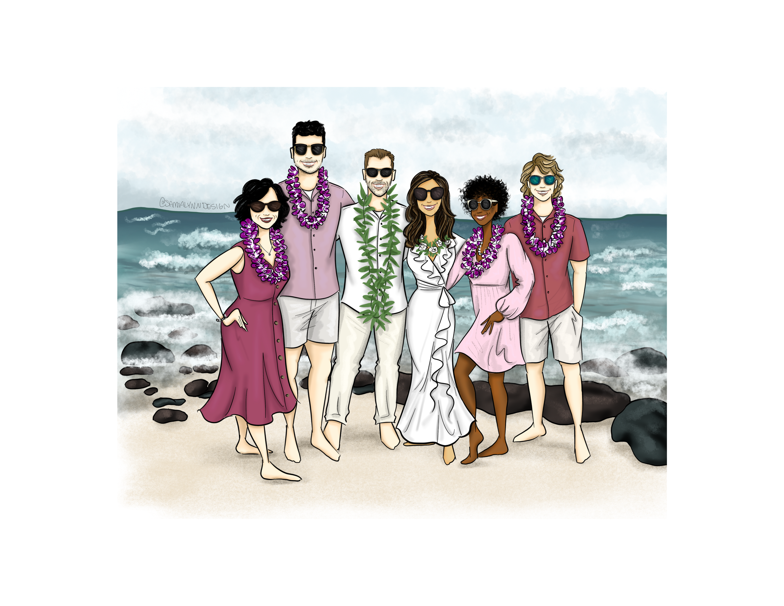 An illustration of a bride and groom with four close friends during a micro wedding on the beach