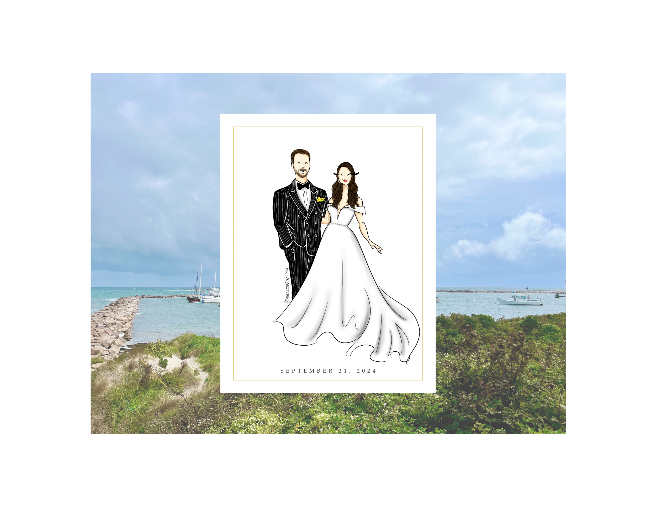 A hand-drawn illustration of a bride in an off-the-shoulder wedding dress and a groom in a pinstripe suit during their Block Island wedding