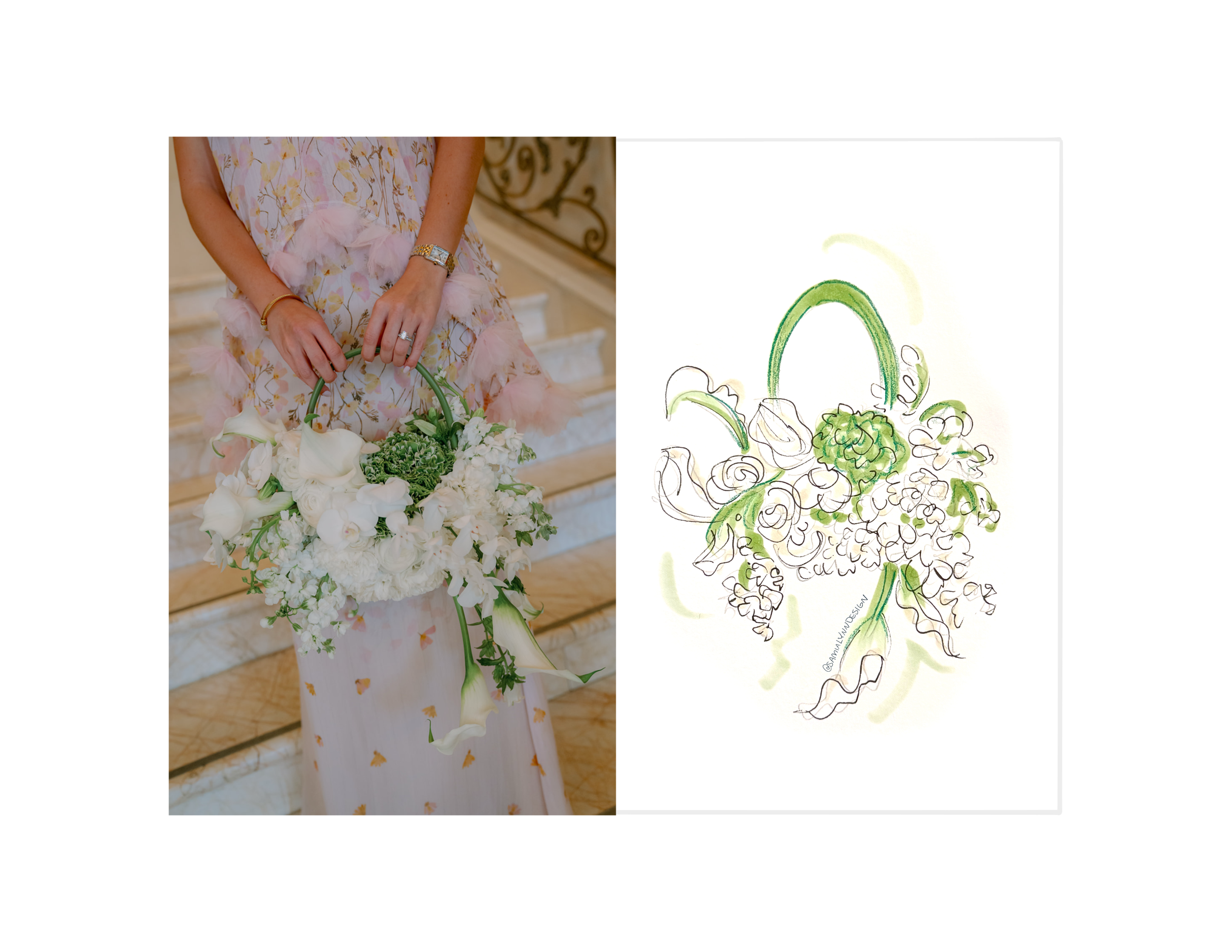 A side-by-side of a woman holding a floral purse and a sketch of the white and green floral purse