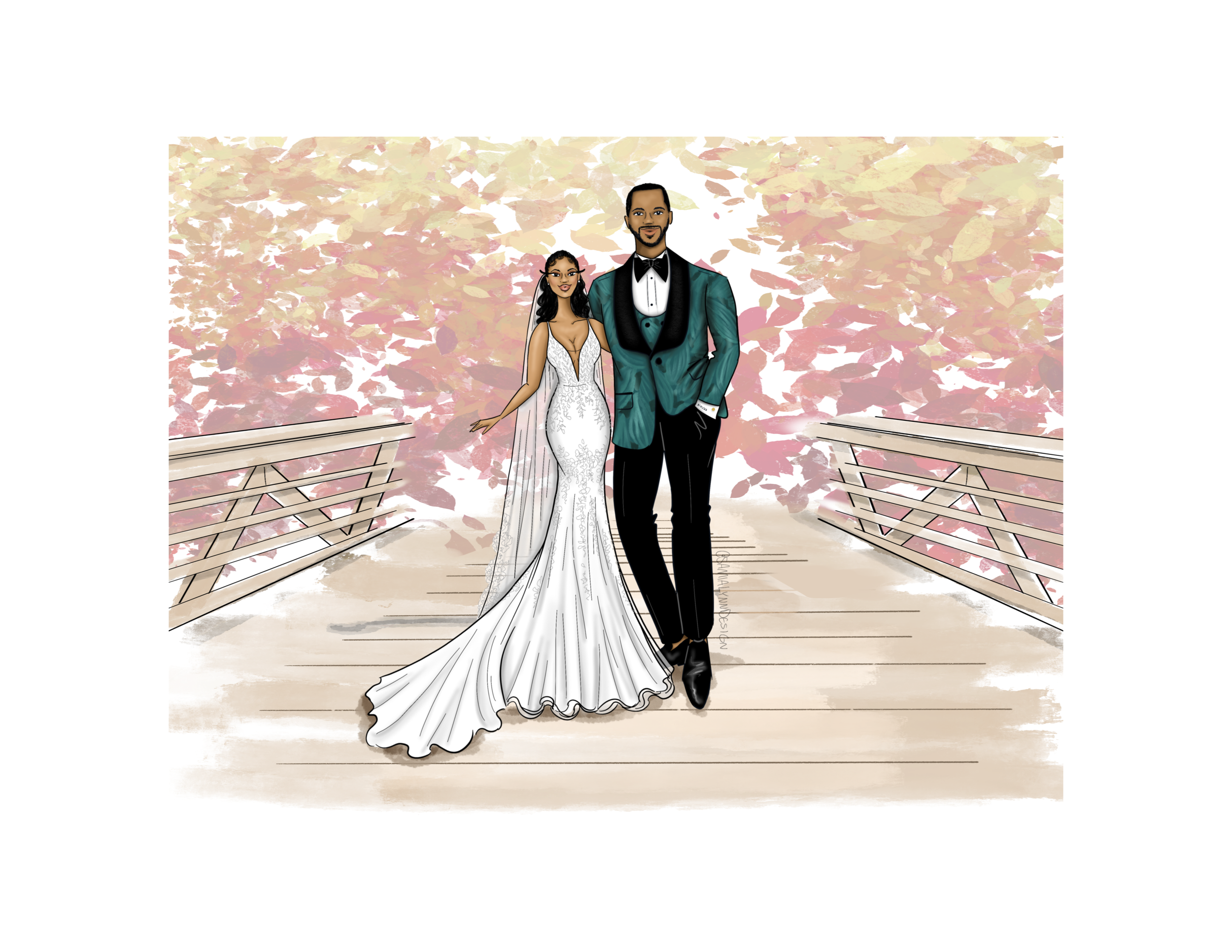 An illustration of a bride and groom standing on a bridge with fall foliage in the background