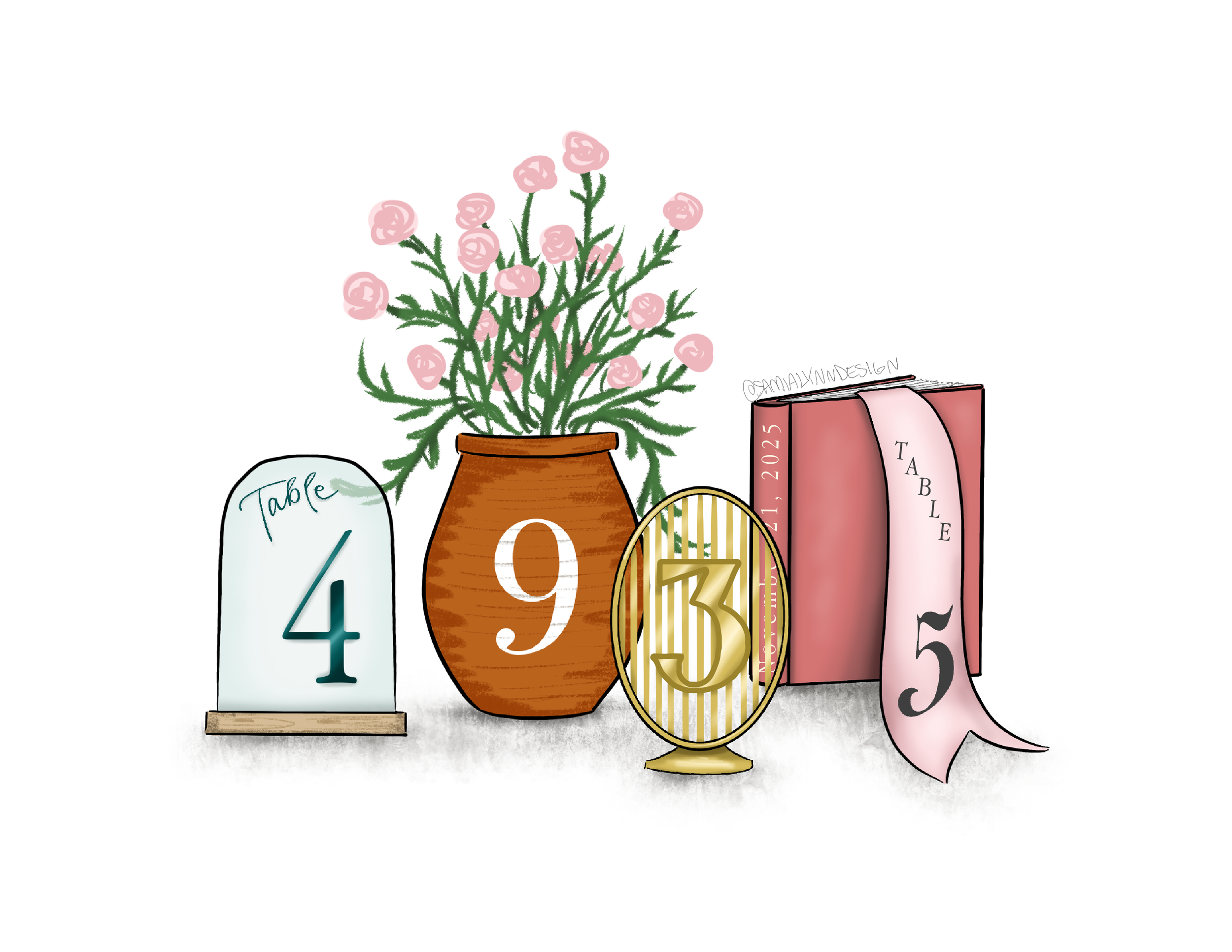 An illustration of differnt table number ideas, including a book, a flower vase, and clear table numbers