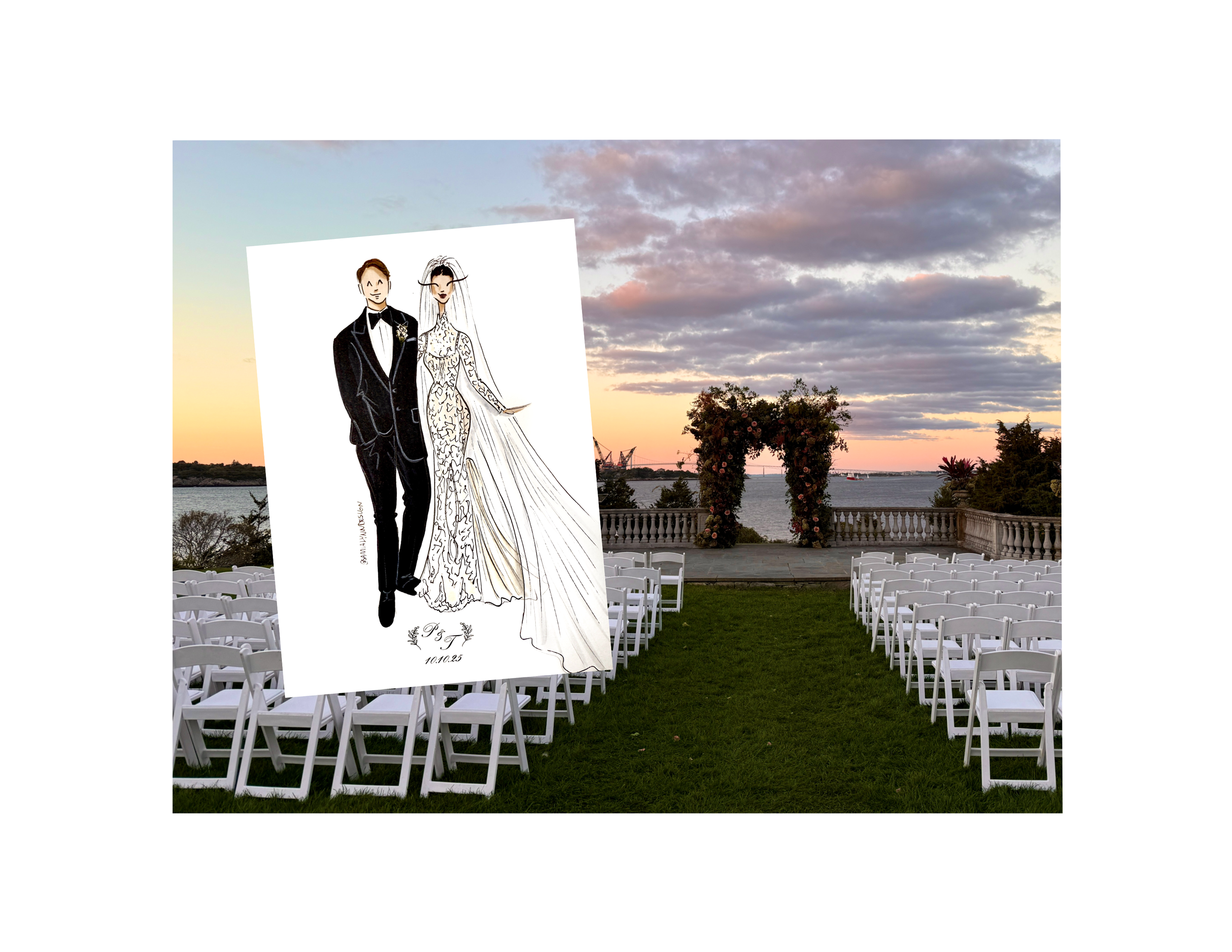 A sketch of a bride and groom getting married at Castle Hill Inn in Rhode Island