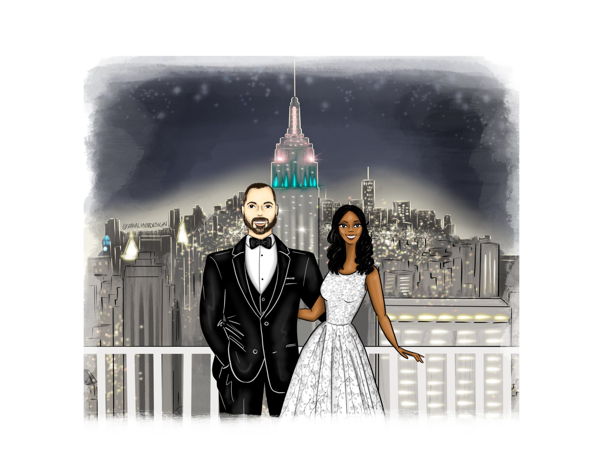 A fashion-style illustration of a bride and groom in front of NYC wedding venues