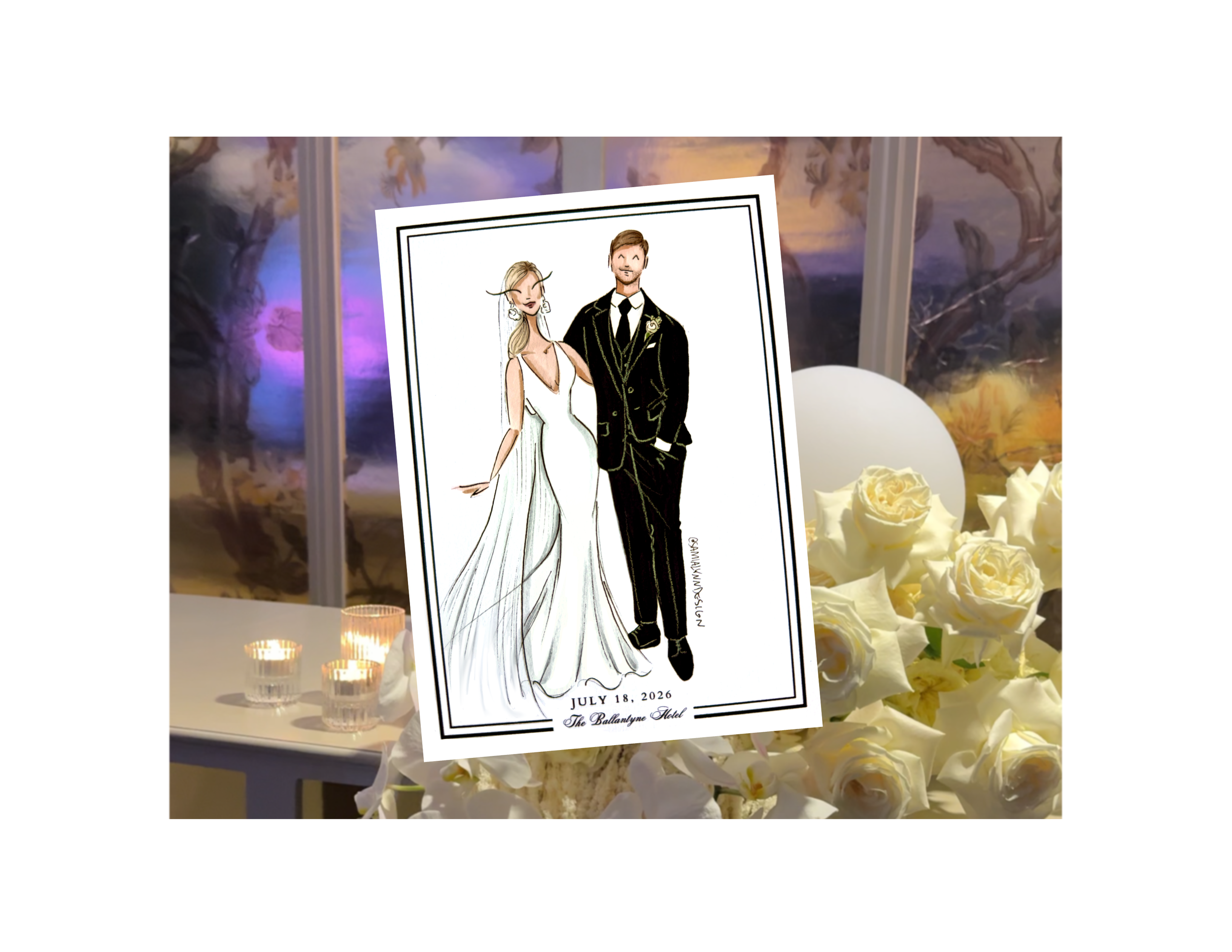 A sketch of a bride in a v-neck white gown and a groom in a black three-piece suit