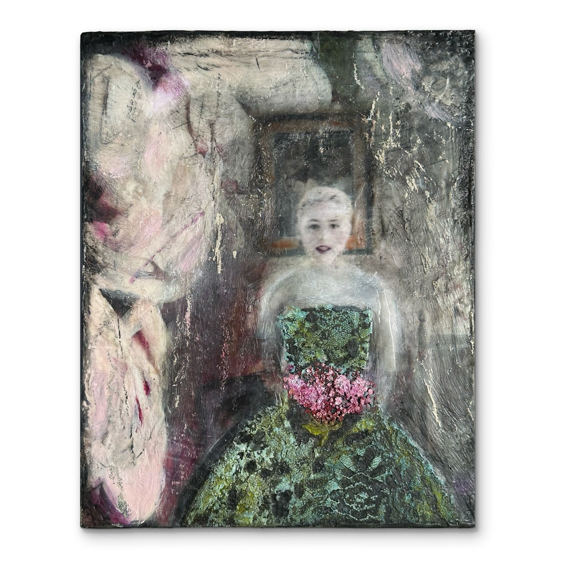 Proms &amp; Peonies, 2024
Photo encaustic and joss paper 
11 x 14 x 1.5 inches 

Based on my first ever self portrait! 
&bull;
&bull;
&bull;
#encausticphotography #internationalencausticartiartists #photoencaustic #iea_encaustic #encausticmixedmedia 