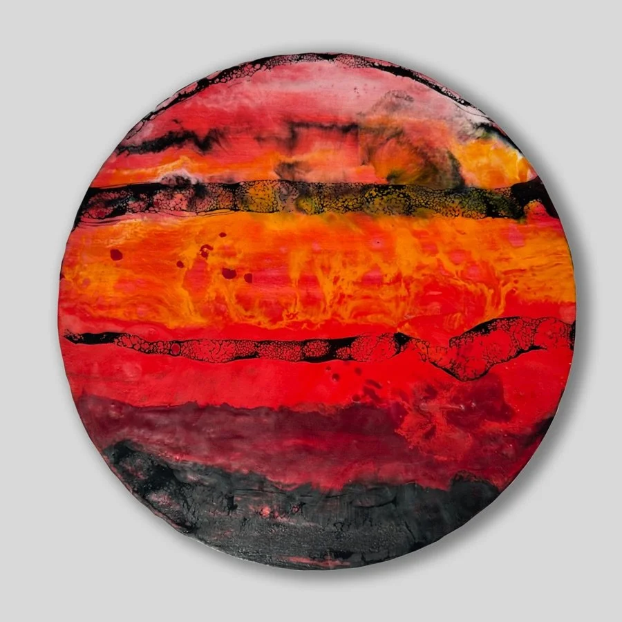 Ember Divide: The Almost Place, 2026
12 inches (diameter) x 0.875 inches deep
Encaustic with shellac burn 
Made in a private zoom class with @amanda.pierce.art 

See it IRL at last Friday in June at my show &ldquo;A Little Bit of Everything All At On