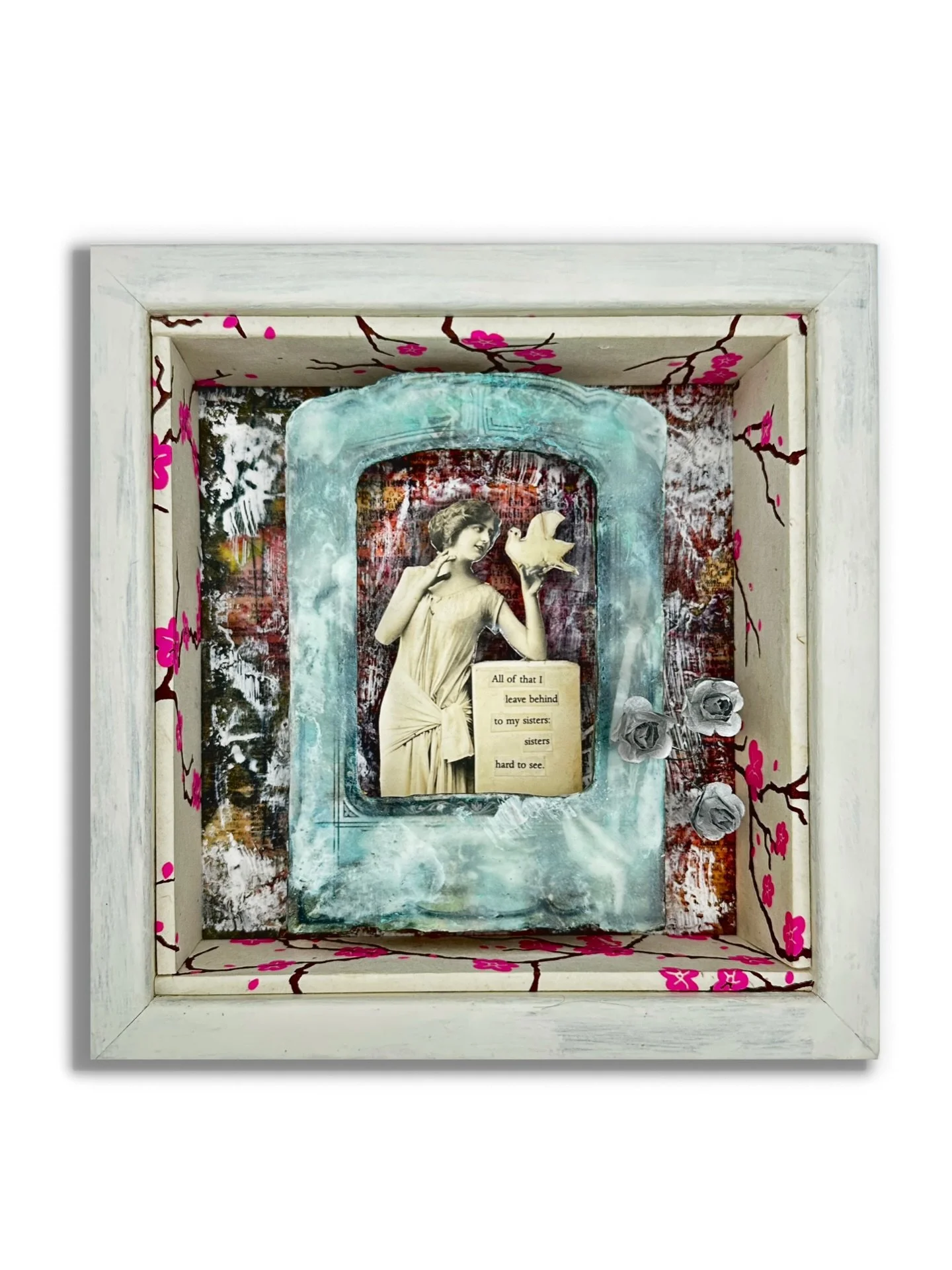 Harmonia, 2026 (plus detail)
10 x 10 x 2.5 inches 
Encaustic and ephemera.

Started in Ireland and finished finally this past January! 
&bull;
#encausticart #mixedmediaart #essenceofmulranny