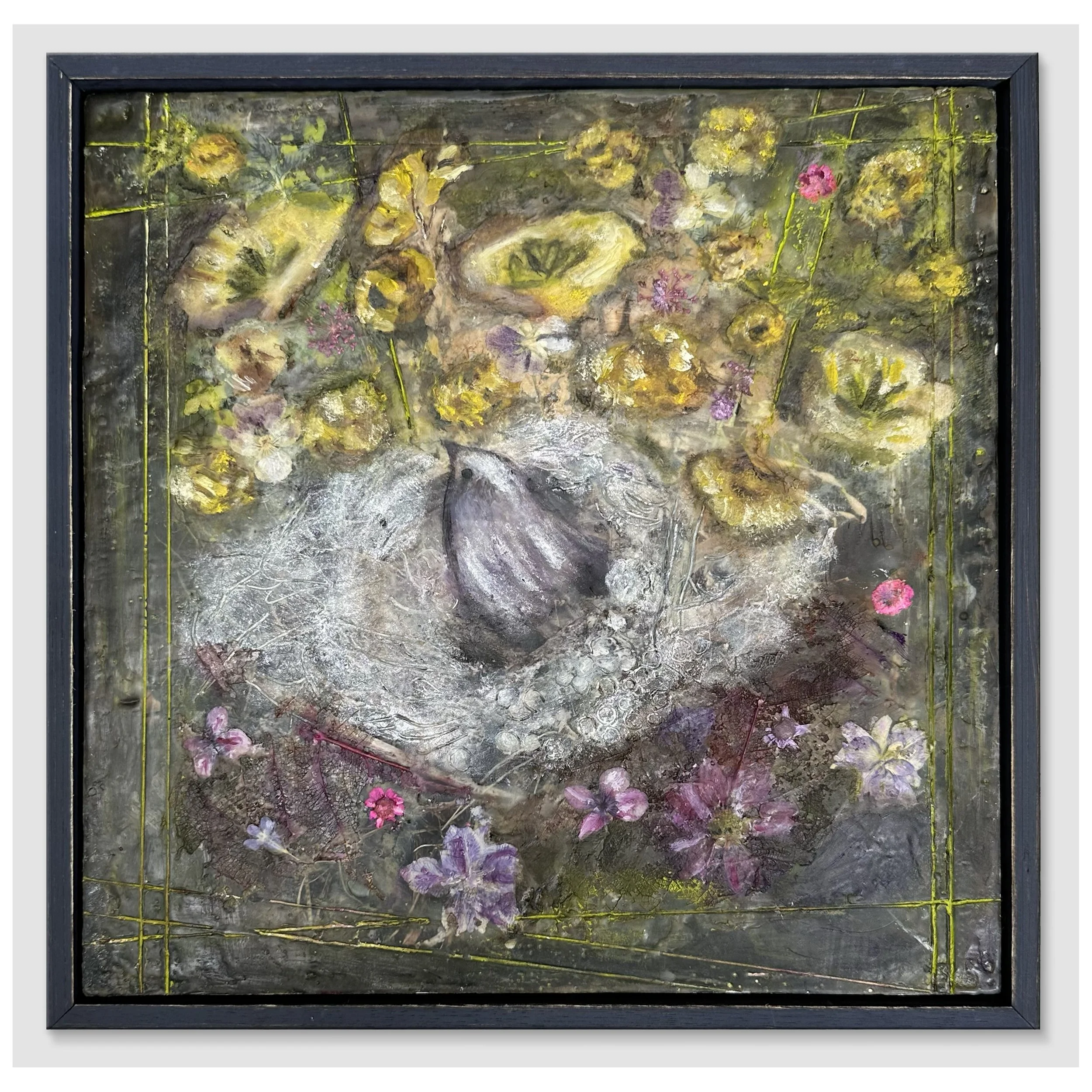 Baby Bird Fantasy, 13 x 13 x 2 inches framed