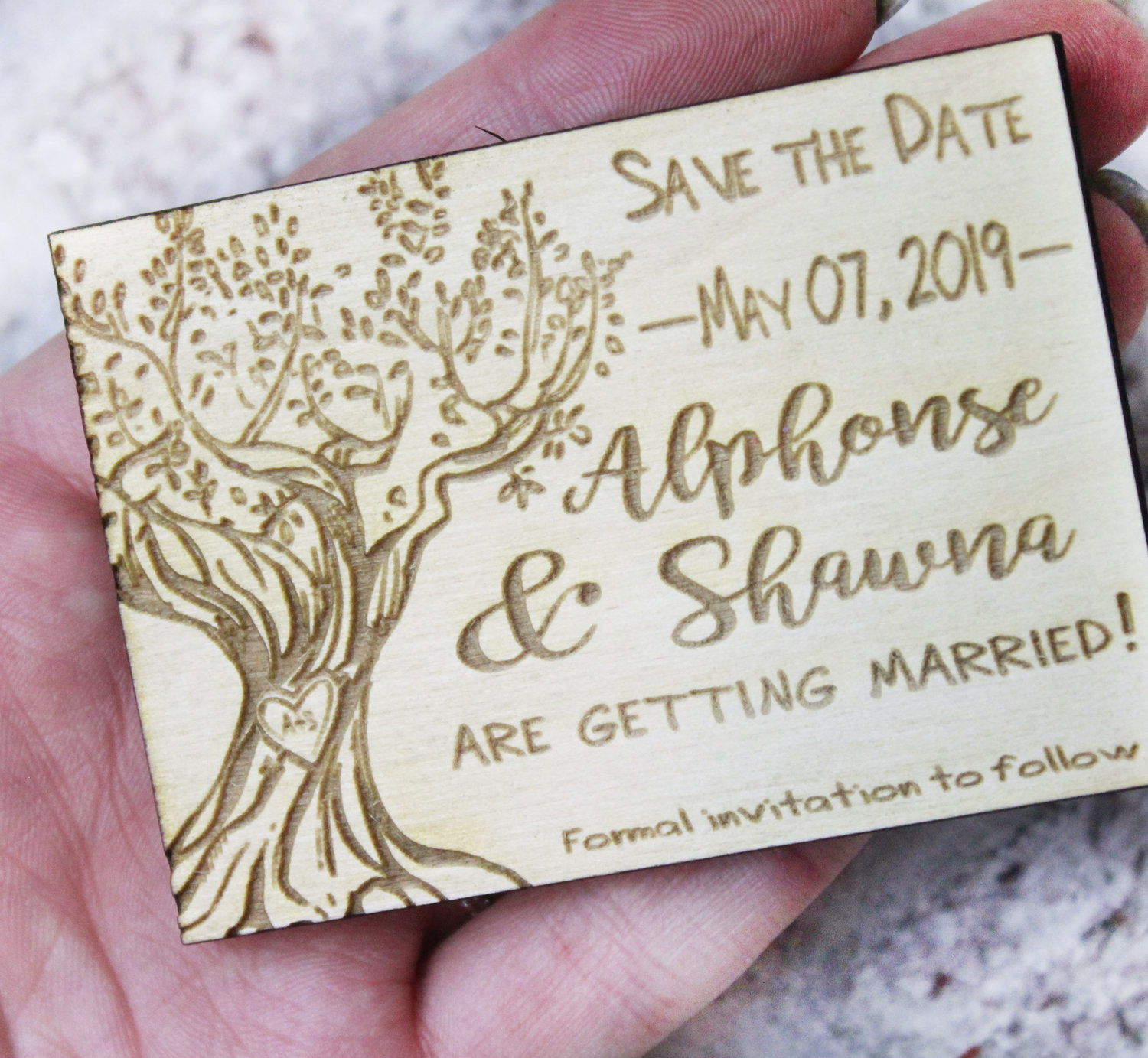 10 Magnetic Personalized Laser-Engraved Wedding Save The Dates on 18 Baltic Birch Plywood