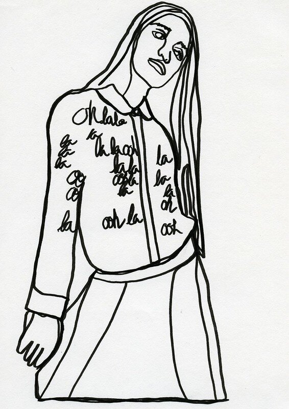 Continuous Line Drawing of Agency Model wearing vintage Kate Spade. 