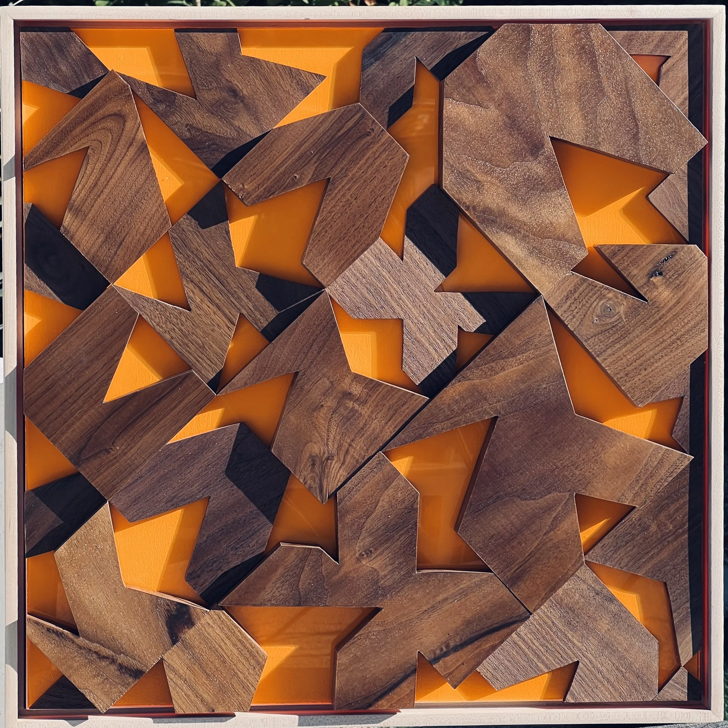 Abstract Alphabet Glow. 18' X 18" Fluorescent Orange and Walnut 1450.