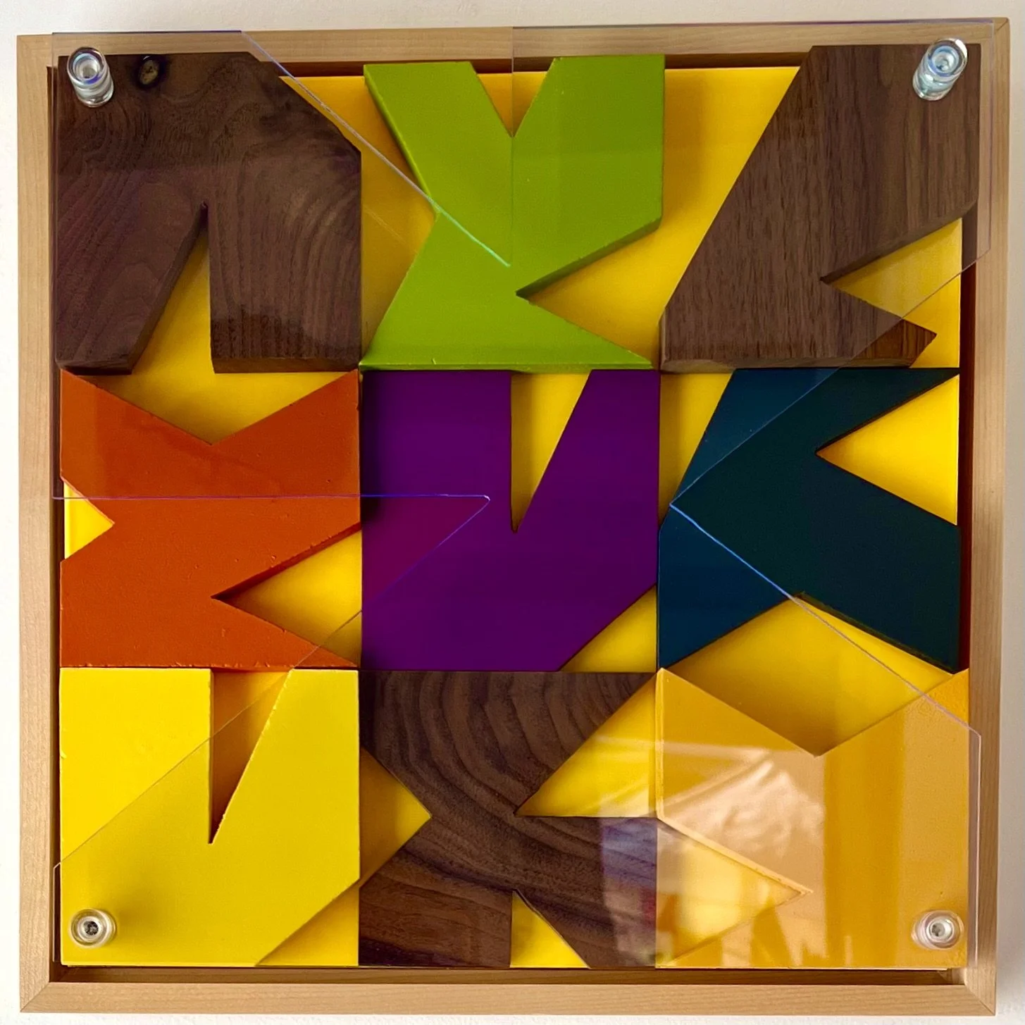 EDM #1 Wood Walnut and painted with a Fluorescent lay over. 12" x 12" $850.