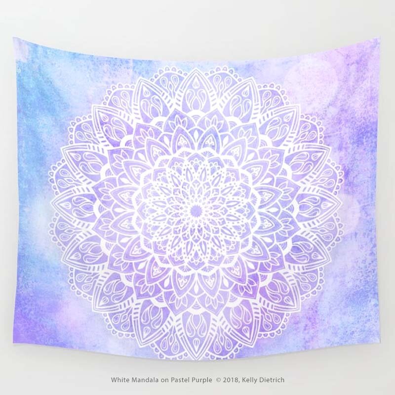 White Mandala on Pastel Blue and Purple Wall Tapestry by Kelly Dietrich