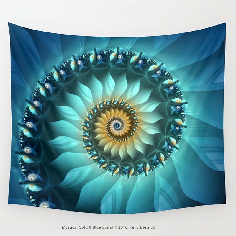 Mystical Blue and Gold Spiral Wall Tapestry by Kelly Dietrich