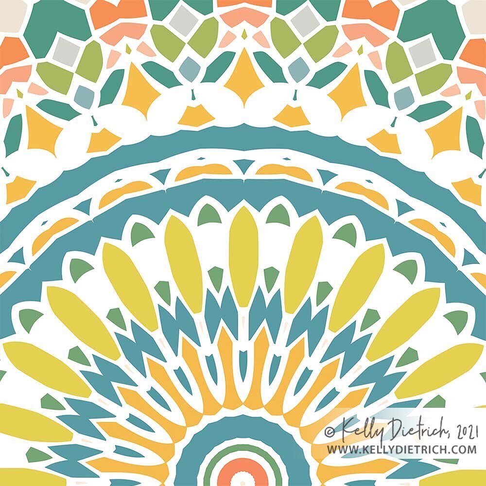 Here&rsquo;s a new spring-y mandala to celebrate the warmer weather, flowers, and sunshine! Detail shown above and full design shown on outdoor floor pillow, beach towel, water bottle, and framed mini art print &mdash; all available at Society6. Clic