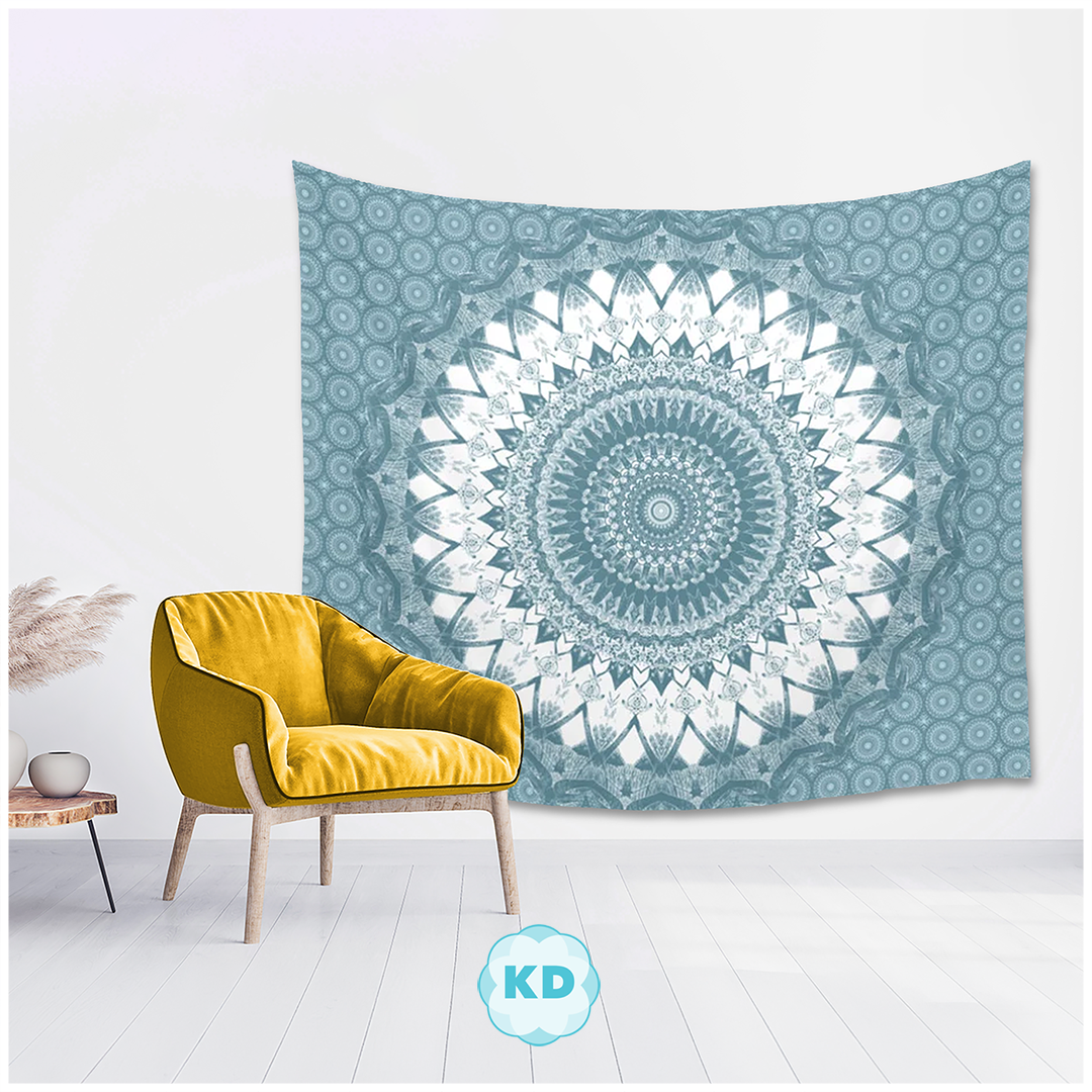 Boho Blue Linocut Mandala Tapestry