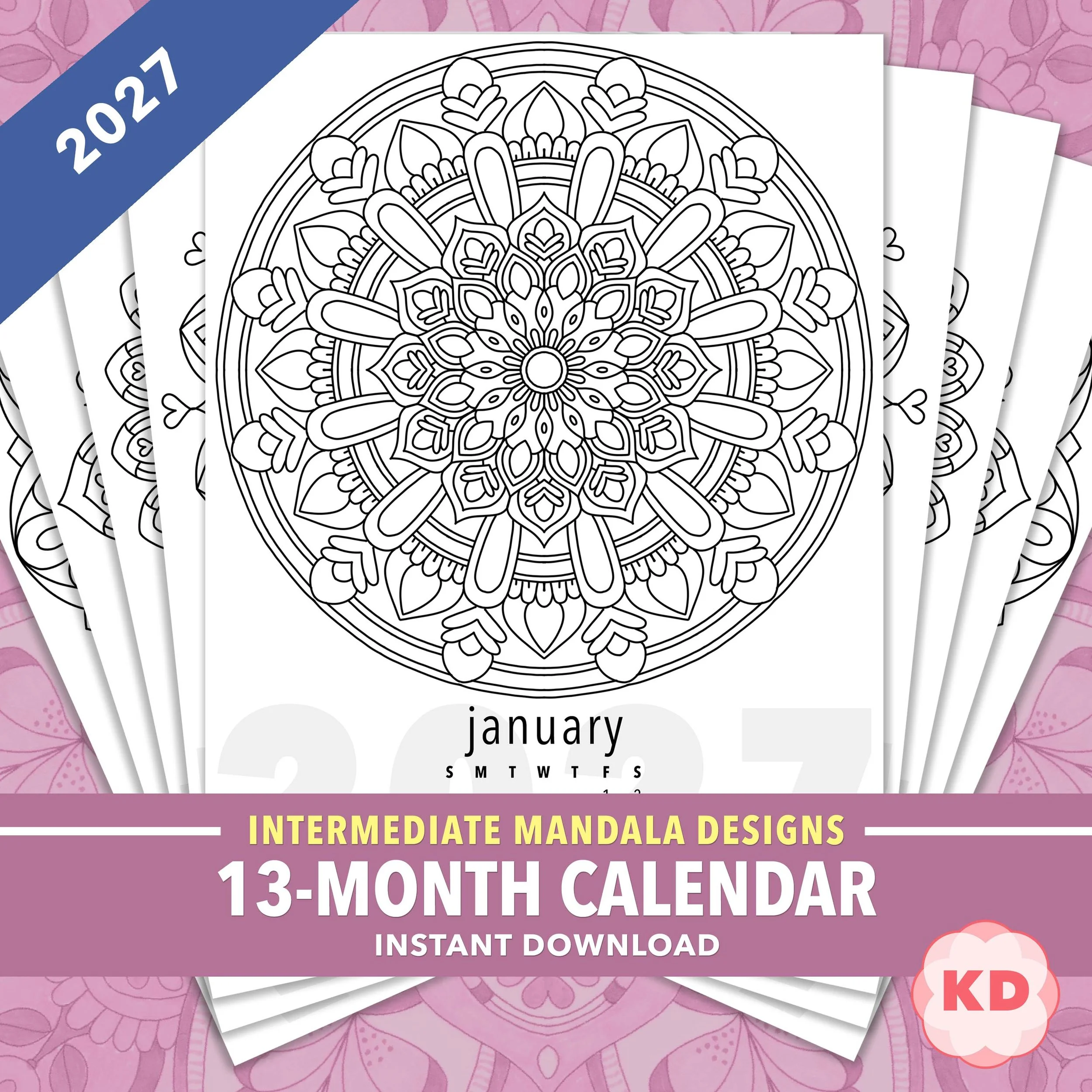 2027 Intermediate Mandala Coloring Page Calendar