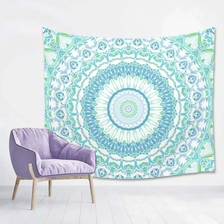 Blue White and Green Mandala Tapestry