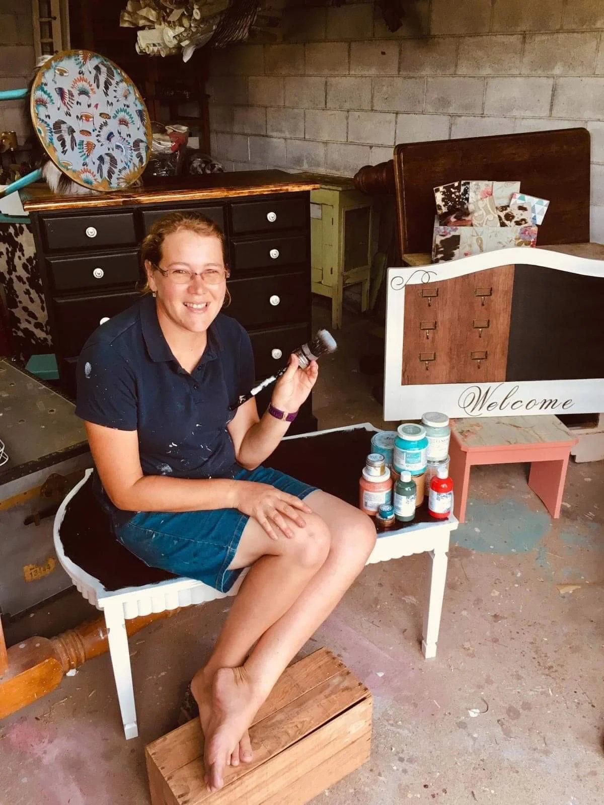 “Painting and upcycling is nourishment for my soul” - Lucy Thompson at work.