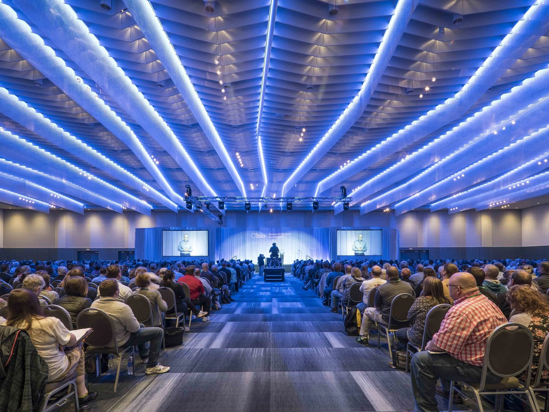 One of the features of the renovated ballroom is the ceiling, which can be lit with virtually any color or combination of colors, allowing users to shape the mood and feel of the space.