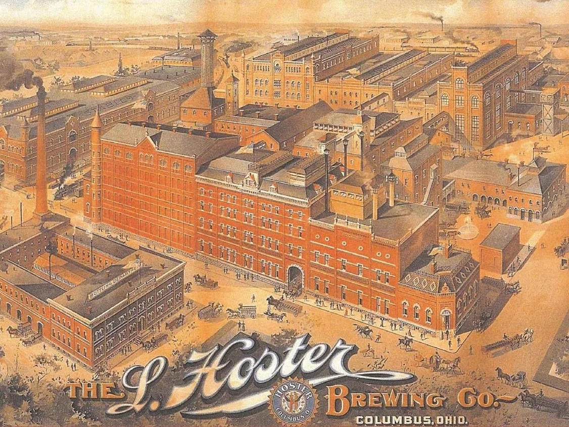Aerial view of the old Hoster Brewing Company Complex along Front Street.