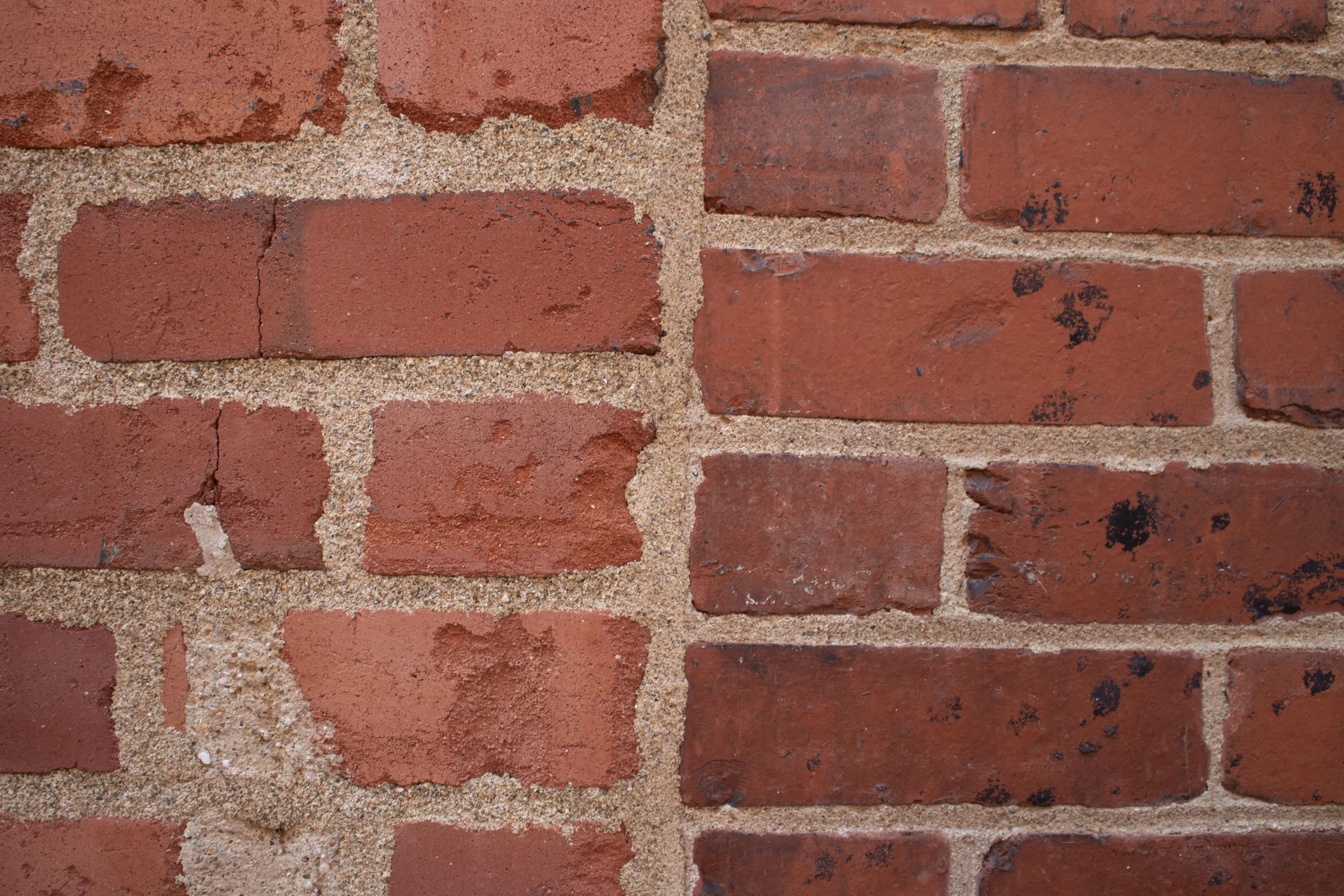 This image illustrates what happens when all the mortar AND a tiny bit of brick are removed to get a fresh surface to point. On the left, this has happened repeatedly to the bricks, which is why the mortar joints on the left are so much bigger than the joints of the younger bricks on the right. When the brick is shaved down each time the wall gets new mortar, the bricks shrink over time.
