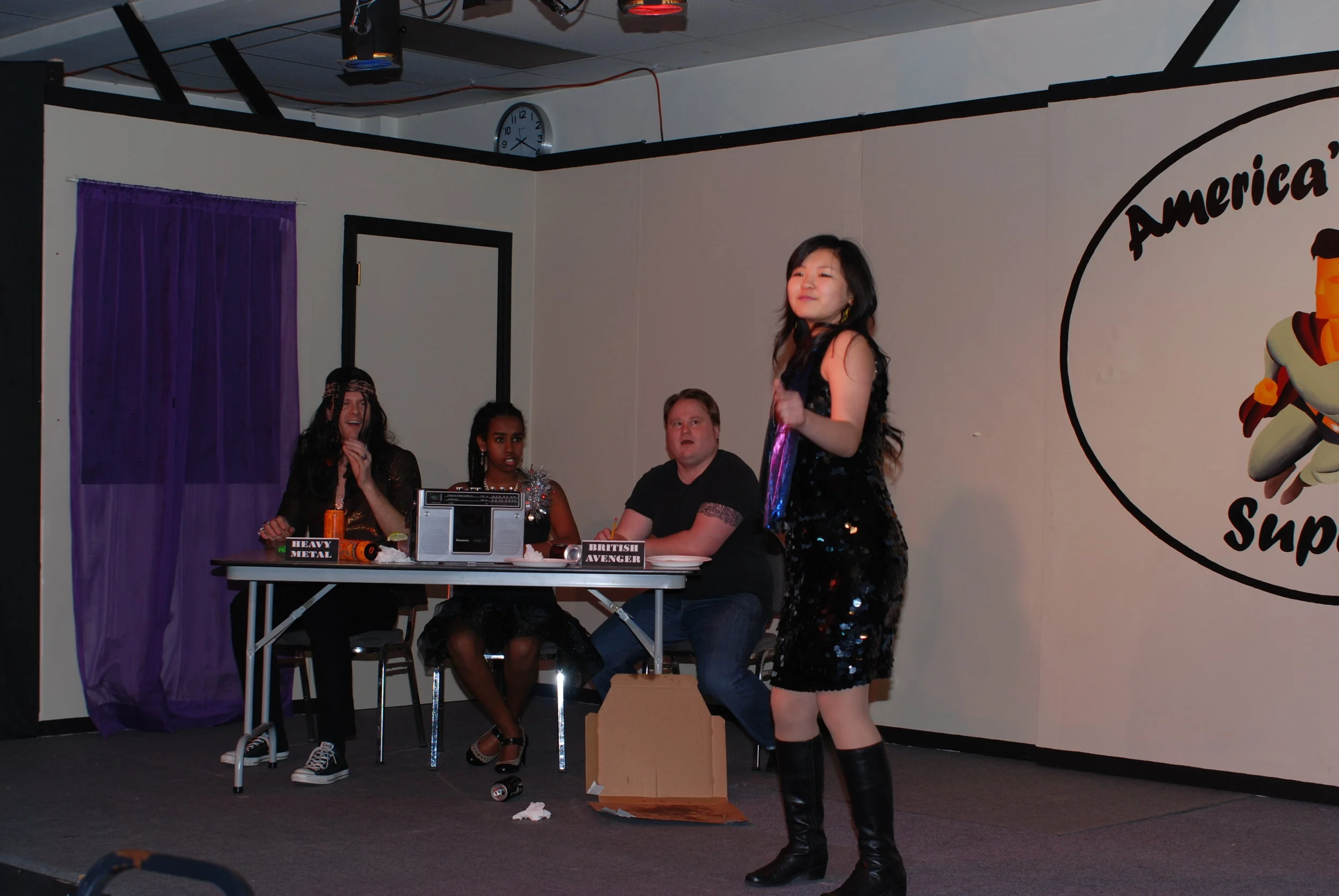 Celebrity judges, Heavy Metal, Drama Queen and British Avenger, audition contestant Disco Diva. 