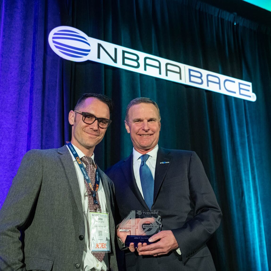 Thank you again to @nbaayopro and NBAA President and CEO Ed Bolen for honoring Avialex Law Group, LLP Partner, John T. Van Geffen with the Top 40 Under 40 Award.