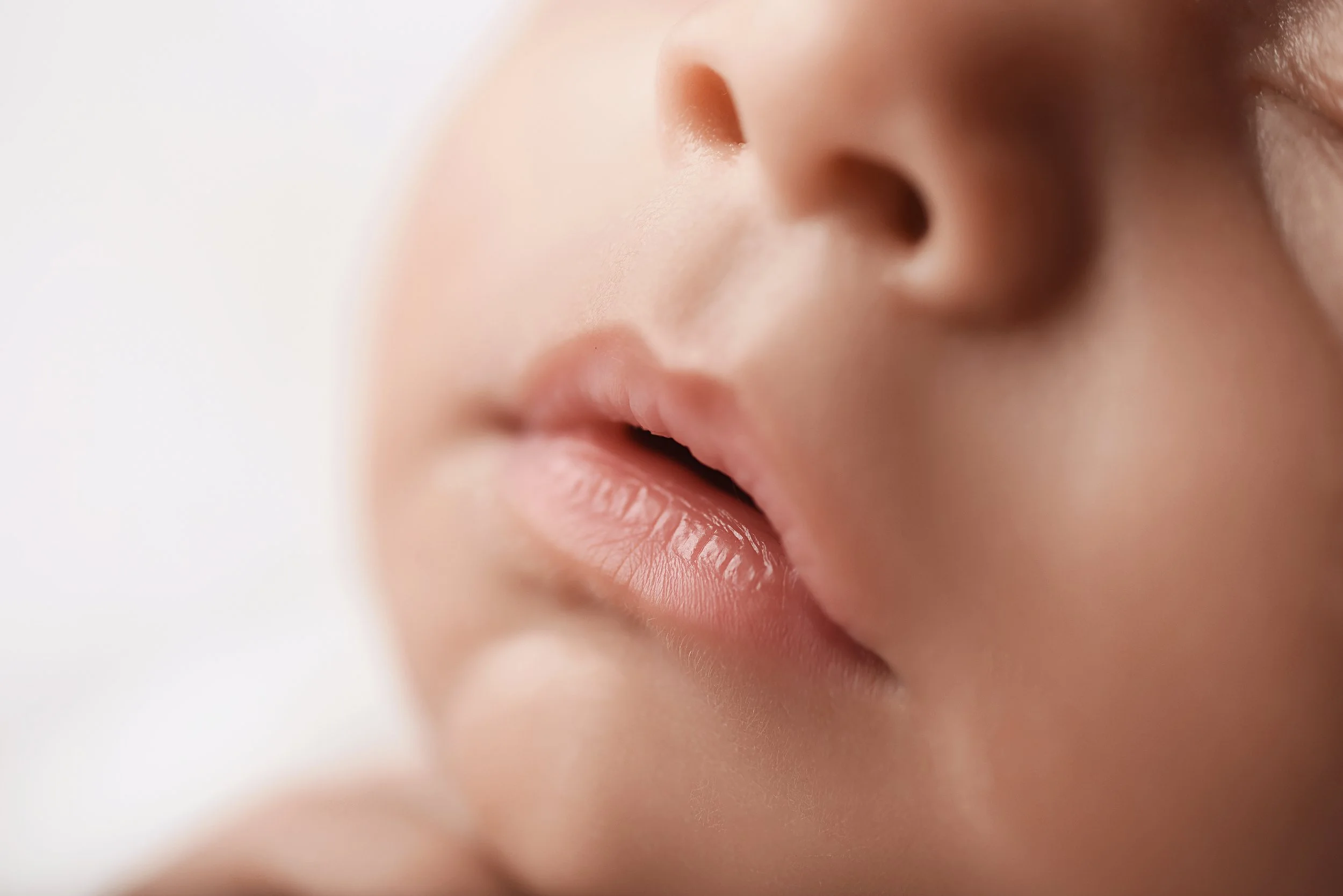 close up macro photograph of newborn lips and nose softly lit