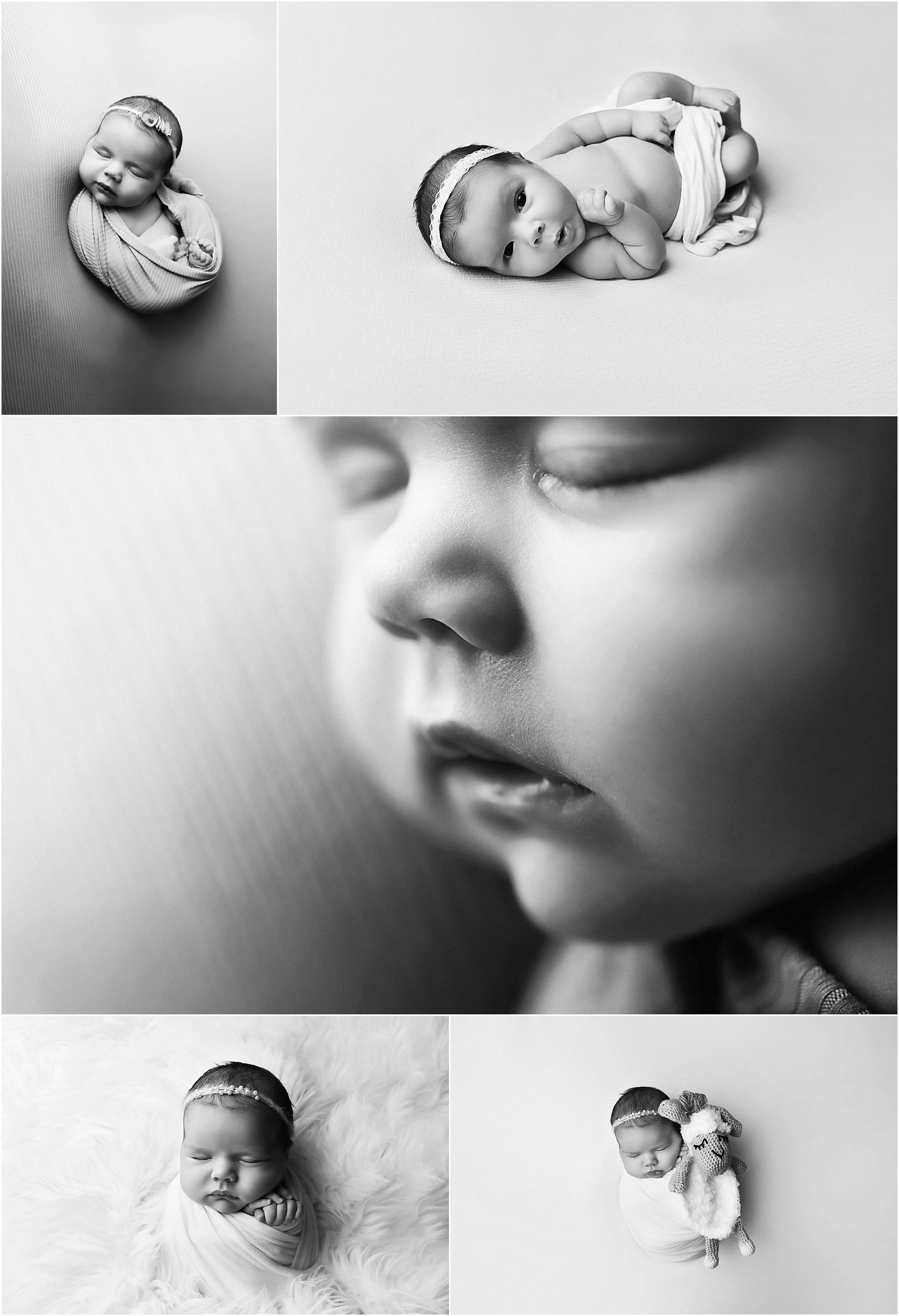 Black and white studio newborn portrait of a baby girl wrapped and photographed by a Shreveport newborn photographer