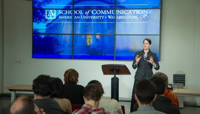 Professor Laura DeNardis lecturing in the Media Innovation Lab