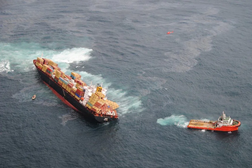 Aerial view of the Rena aground and spilling oil Tauranga NZ